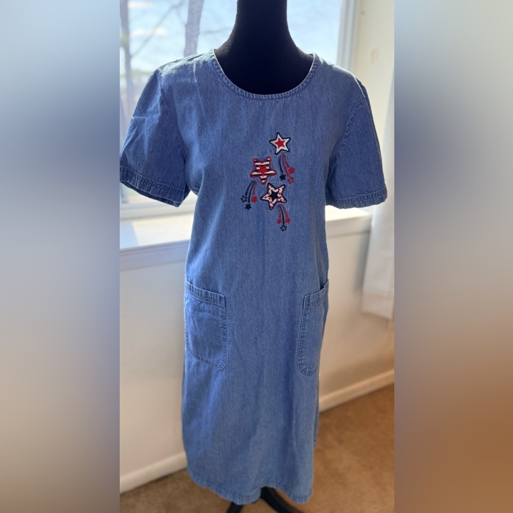 Y2K Blair denim 4th of July midi dress patriotic Americana cottagecore M EUC